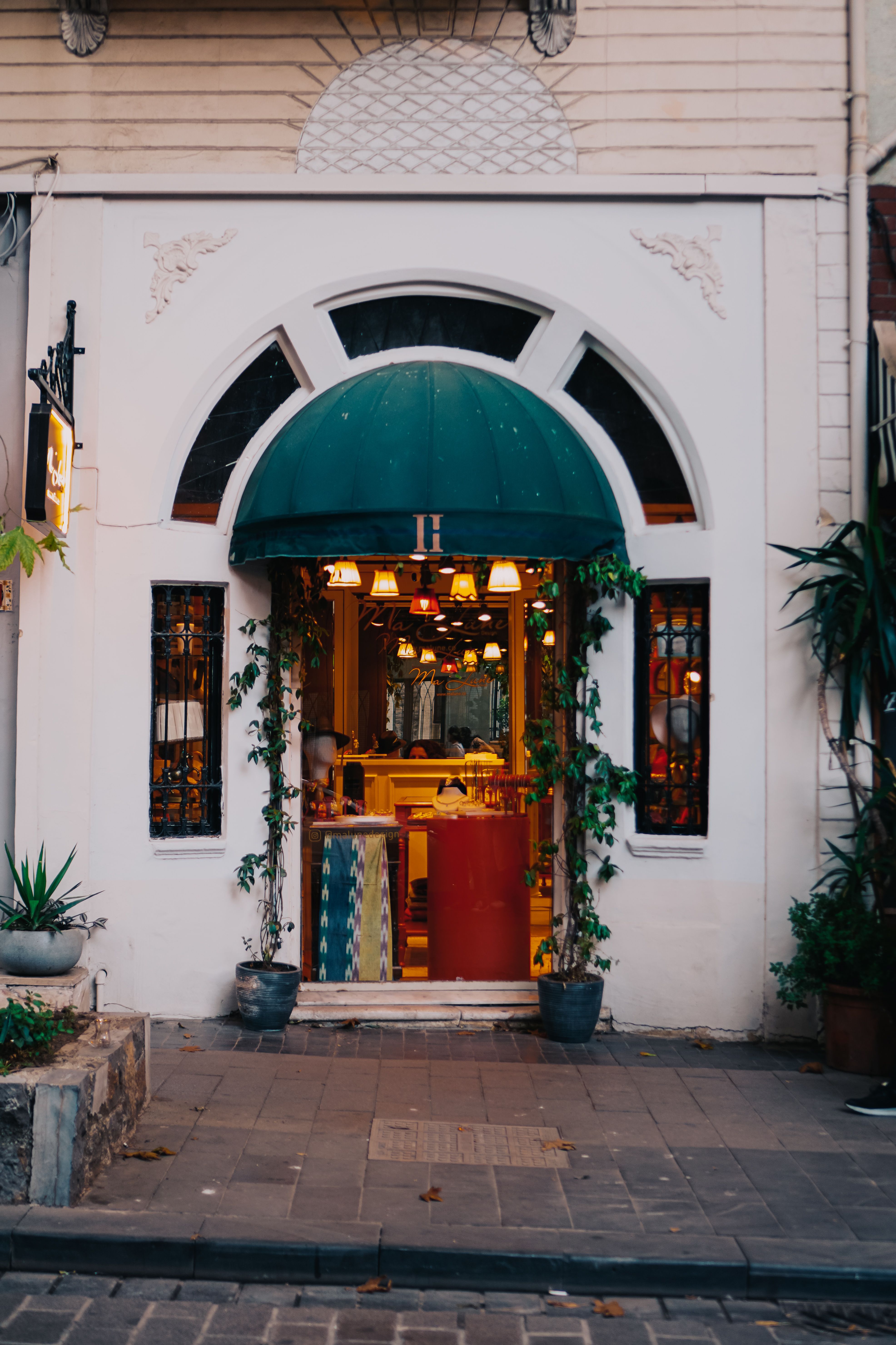 Inviting restaurant entrance with a green awning, framed by plants and warm lighting.