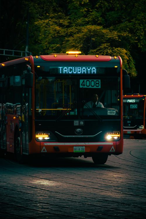 Free A public bus with Tacubaya sign navigates city streets in Ciudad de México during nighttime. Stock Photo