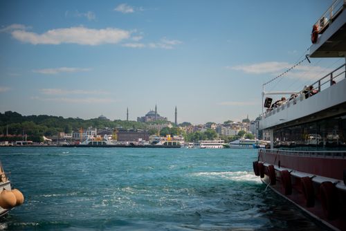 Free Scenic ferry ride across the Bosphorus with a view of Hagia Sophia in Istanbul, Turkey. Stock Photo
