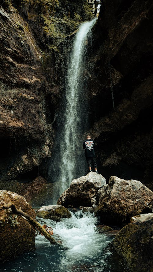 Бесплатное стоковое фото с вертикальный выстрел, вид сзади, водопад