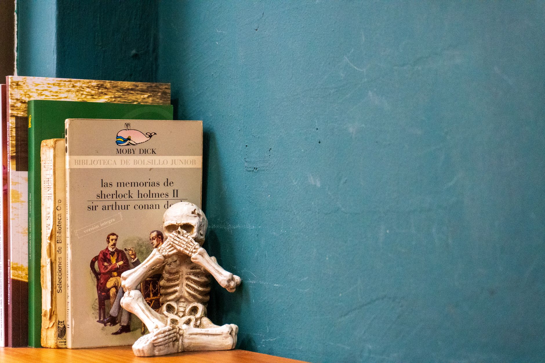 A humorous skeleton figurine sits alongside classic books on a wooden shelf.