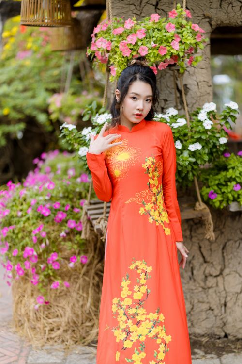 Free Asian woman posing in vibrant orange Ao Dai amidst colorful flowers. Stock Photo