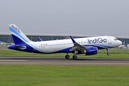 Free IndiGo Airbus A320 taking off from an airport runway, showcasing modern aviation. Stock Photo