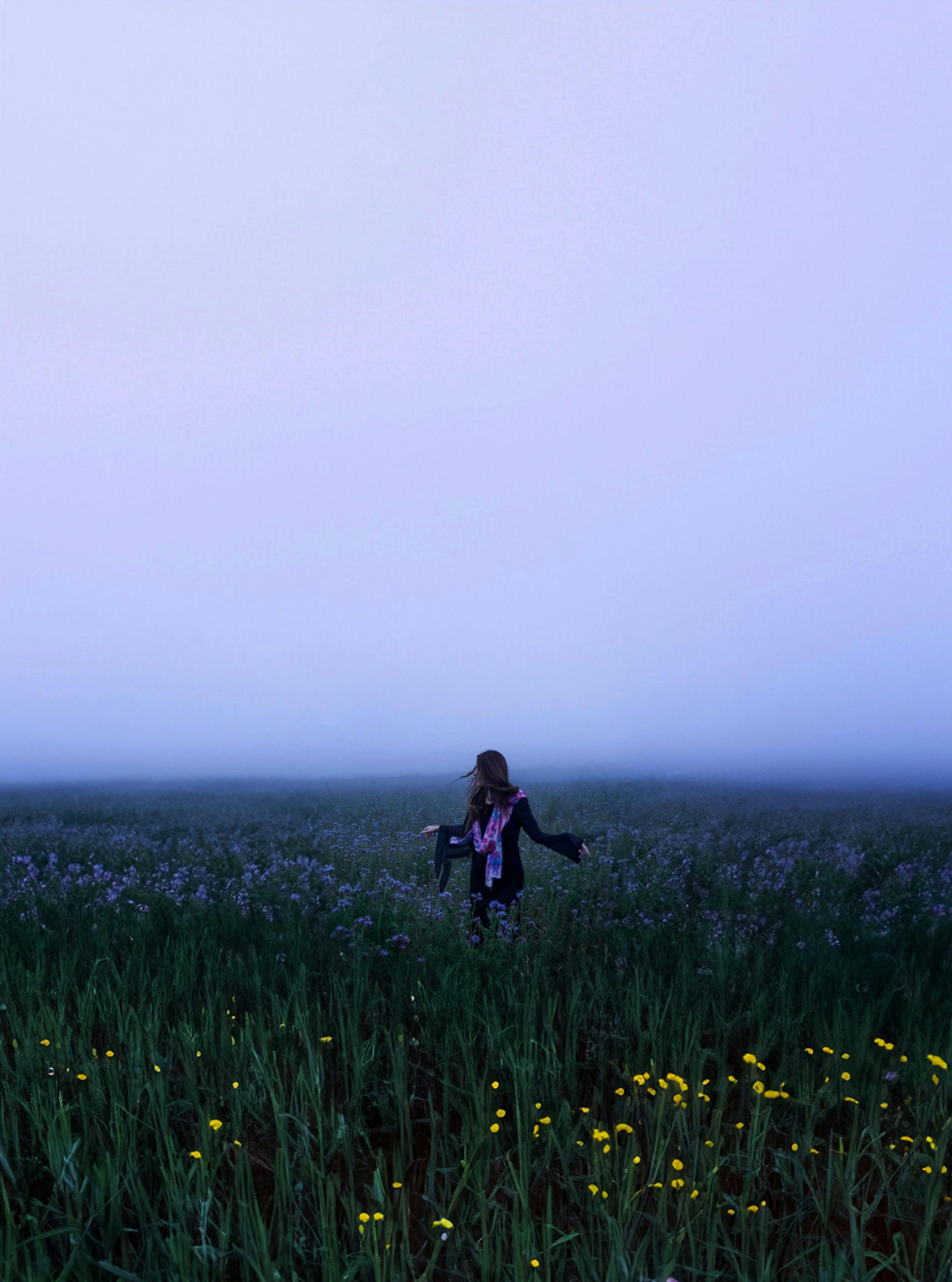 A solitary woman walks through a misty meadow at dawn with vibrant flowers and grasses.