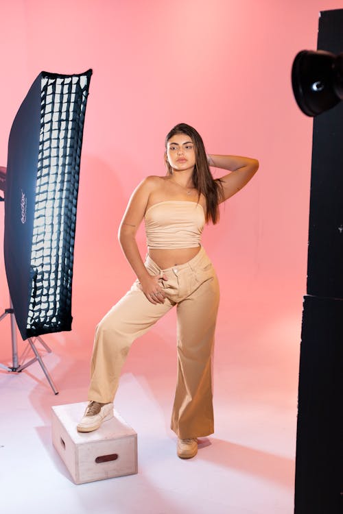 Studio Shot of Brunette in Sepia Top and Pants