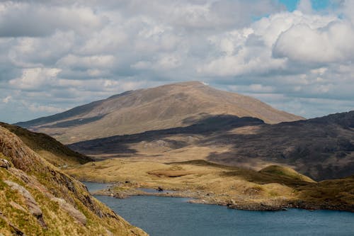 A lake surrounded by mountains and grass