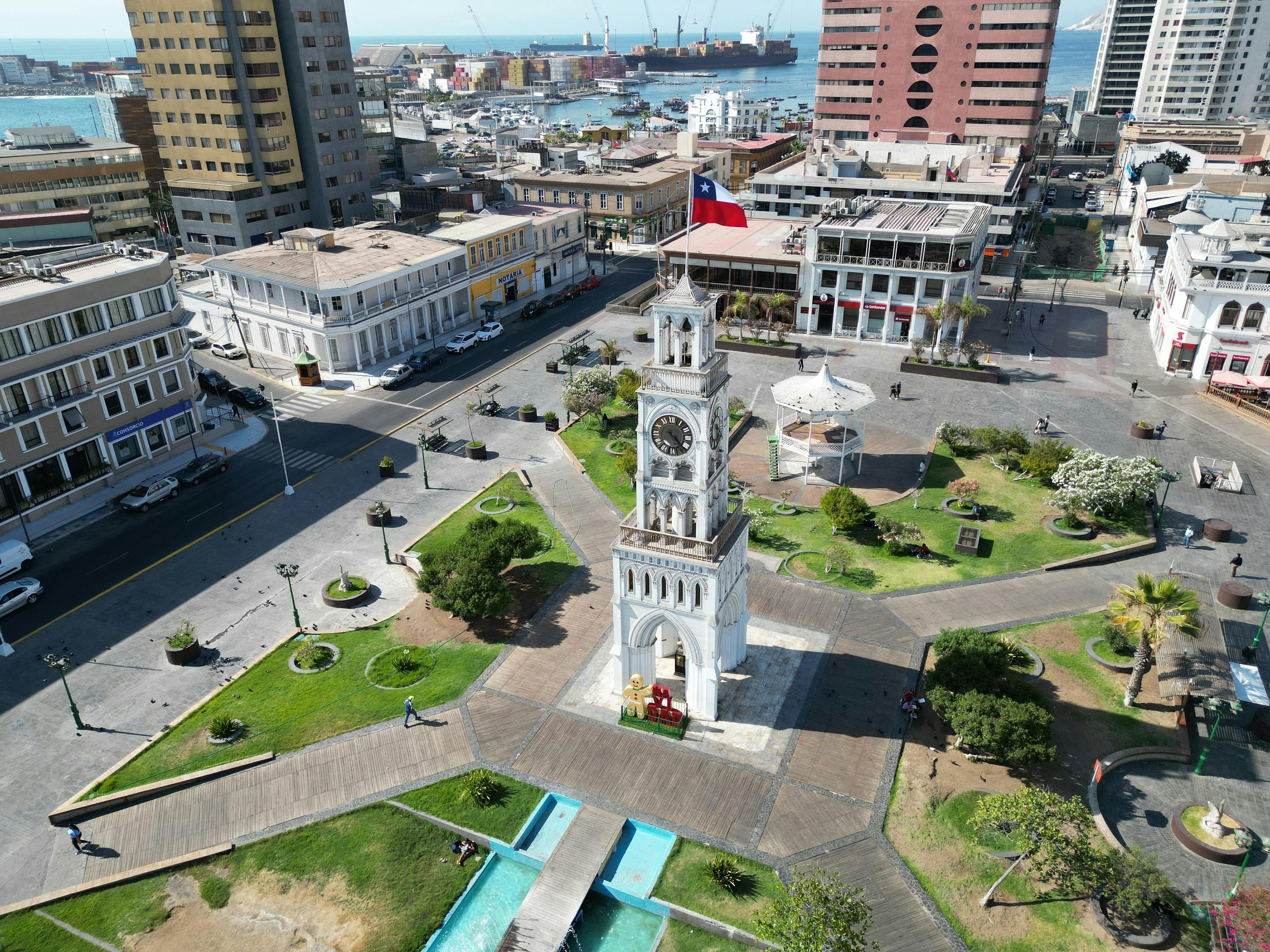 Aerial view of Plaza Arturo Prat and Clock Tower in Iquique, Chile.