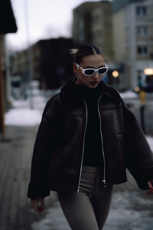 Woman Wearing Leather Jacket on a Street 