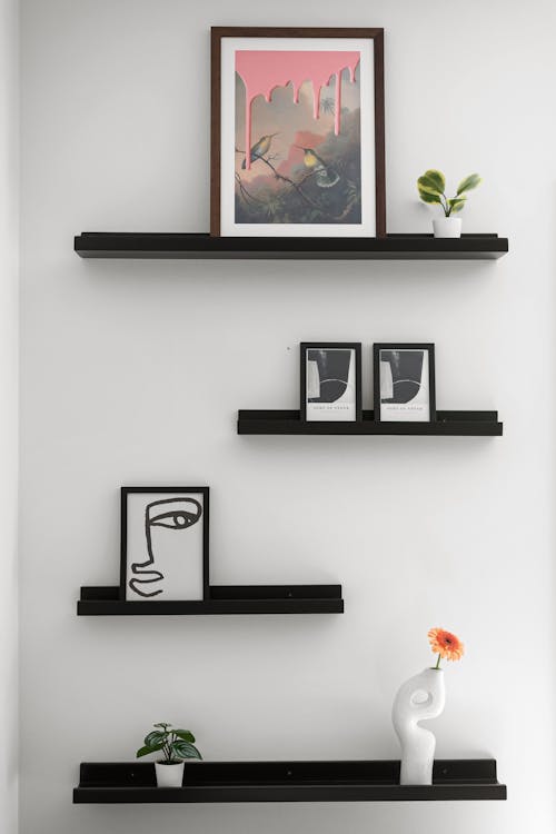 A black floating shelf with two pictures and a plant