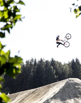 High-flying mountain bike trick at a skatepark in Innsbruck, Austria.