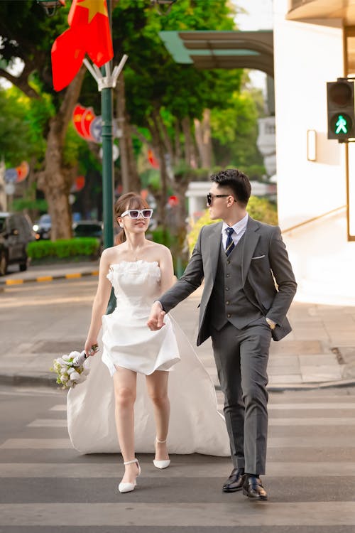 Bride and Groom on Crosswalk