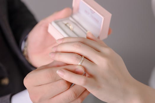 Close-up of a couple exchanging wedding rings during a sophisticated ceremony.