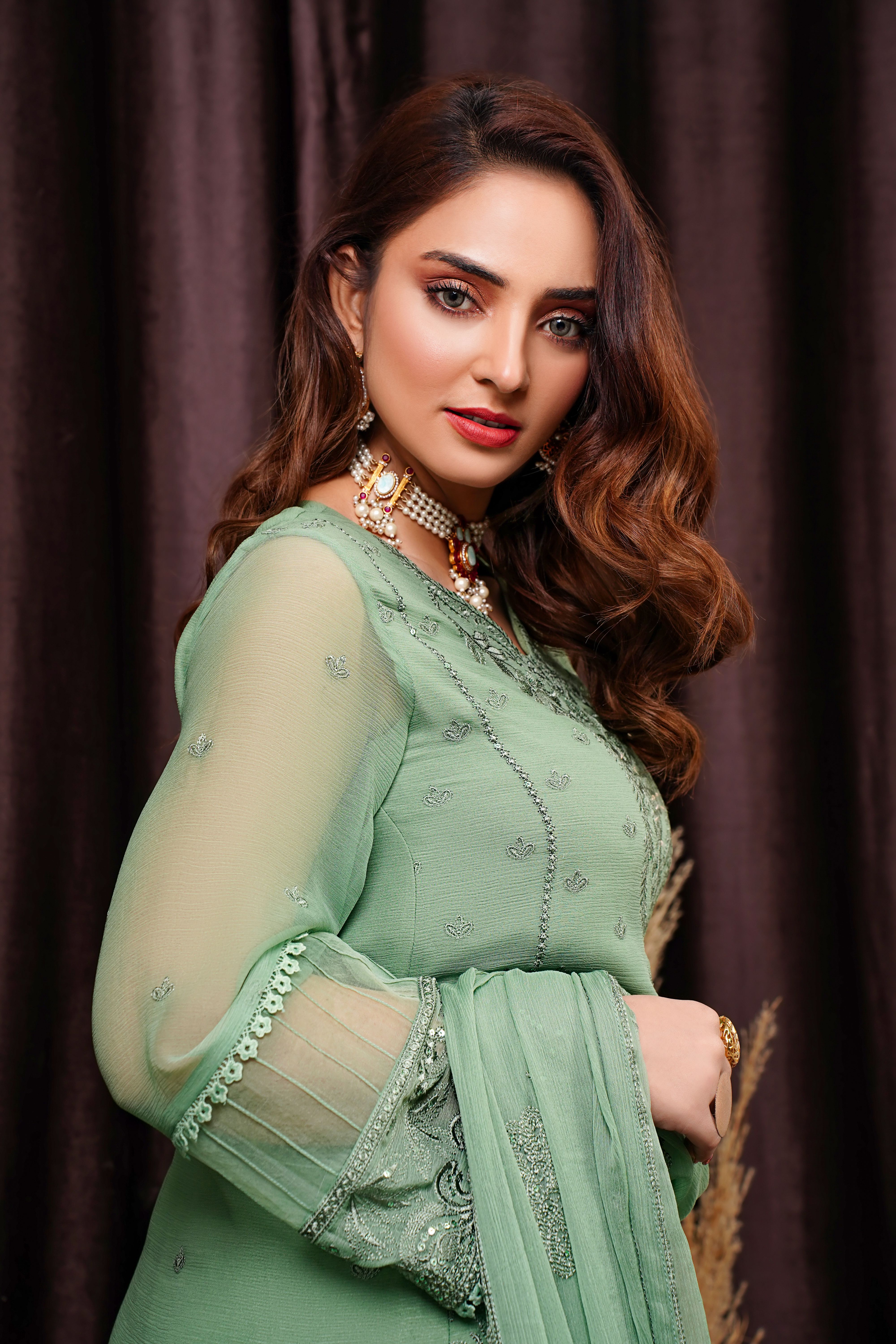 Beautiful Brunette in Mint Dress  Free Stock Photo