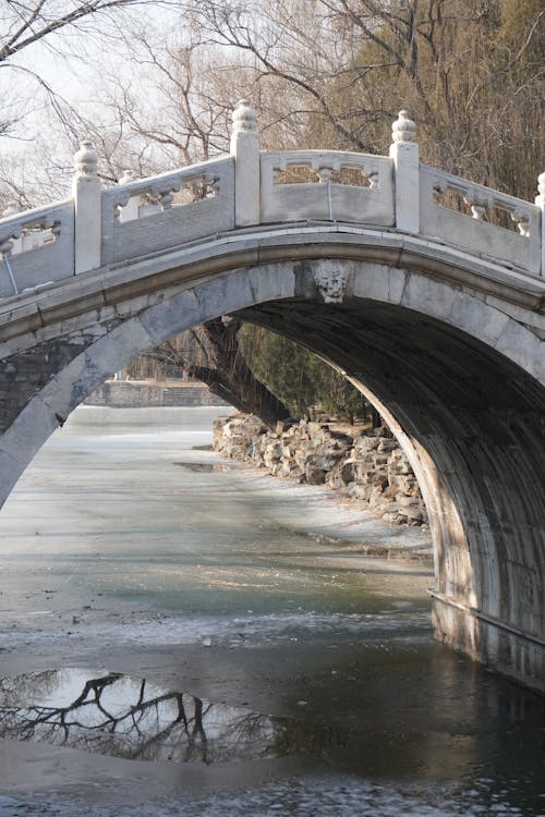 View of an Arch Bridge over a Frozen River at the Summer Palace in Beijing, China 