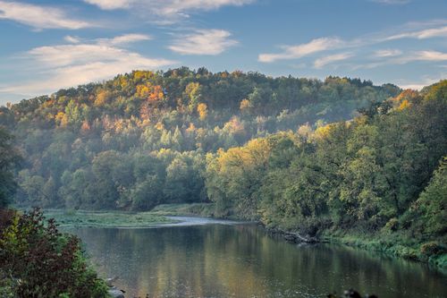 Free Beautiful autumn forest with mist over a river in Hammond, Minnesota. Stock Photo