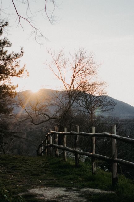 Fotomural Un paisaje montañoso pintoresco al atardecer con una valla de madera y árboles a la vista.