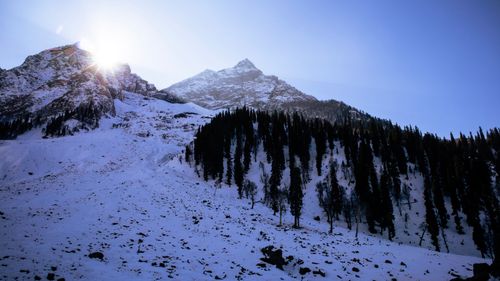 Free Breathtaking winter scene with sun over a snowcapped mountain and forest. Stock Photo
