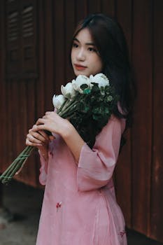 Elegant portrait of a woman in a pink dress holding a bouquet of white flowers against a wooden background.