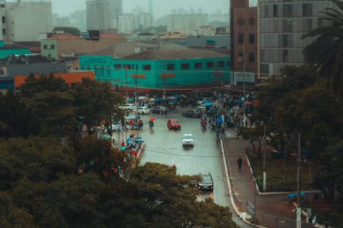 A rainy day in a city with cars and buildings
