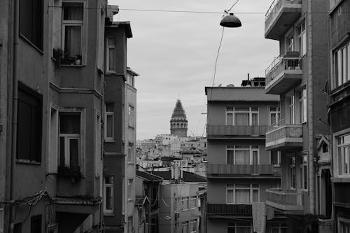 Black and White Photo of Apartment Buildings and the Galata Tower in Istanbul, Turkey 