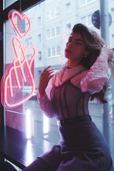 Modern urban portrait of a stylish woman posing by a neon sign in Berlin, Germany.
