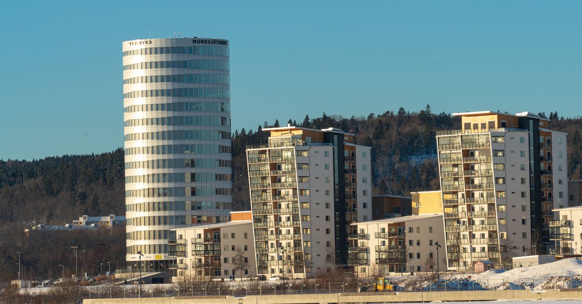 View of Munksjötornet Tower and residential buildings in Jönköping, Sweden.