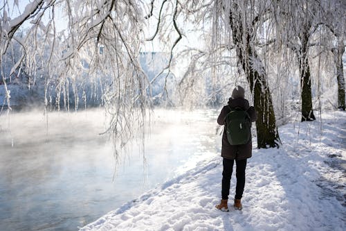 Man Standing by Trees at Park and Taking Pictures of River under Fog