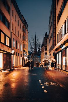 A picturesque urban street at night featuring elegant architecture and vibrant city life.