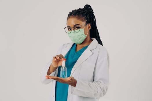 Female doctor wearing mask and eyeglasses, holding hand sanitizer bottle in a clinical setting.