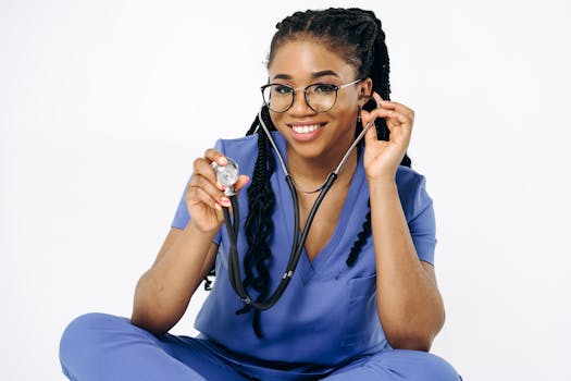 Confident female doctor in blue scrubs smiling and holding a stethoscope against a white background.