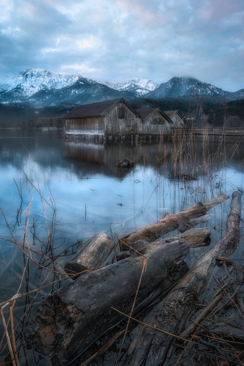 Wooden Sheds on Lake Kochel in the Bavarian Alps