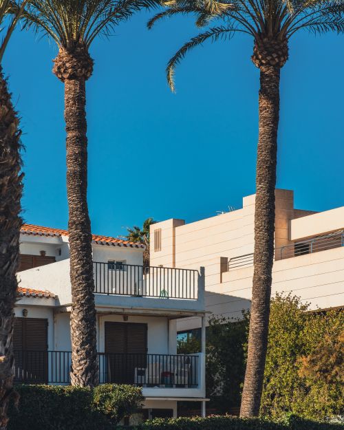 Free A modern Mediterranean-style home surrounded by palm trees under a clear blue sky. Stock Photo