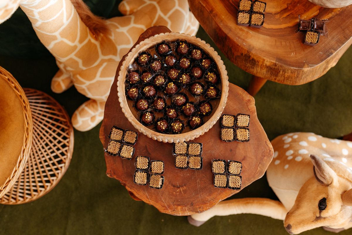 Top view of chocolate truffles with toy animals and wooden tables for a charming setup.