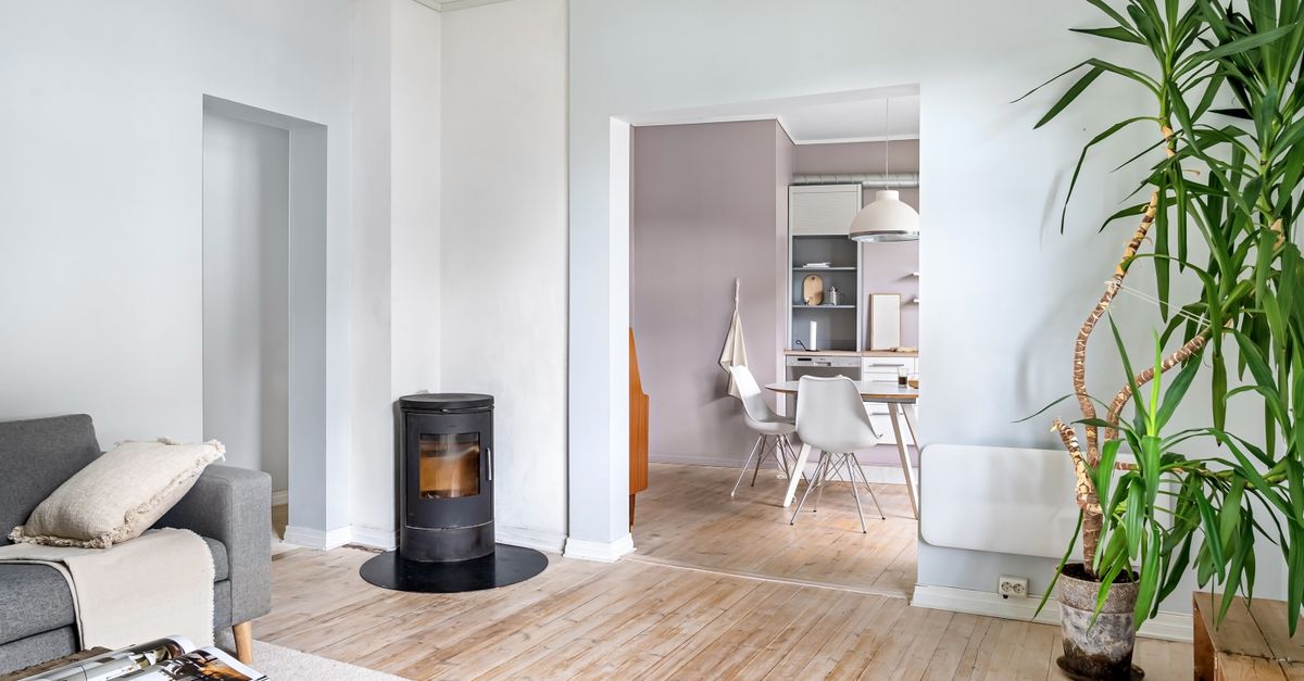Poêle rond compact et moderne installé dans un salon lumineux au parquet clair