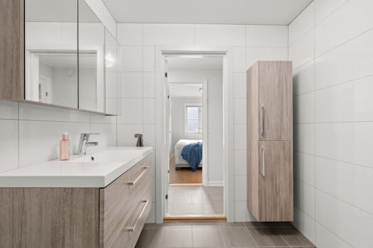 A sleek, modern bathroom showcasing minimalist wooden cabinetry and white tiles.