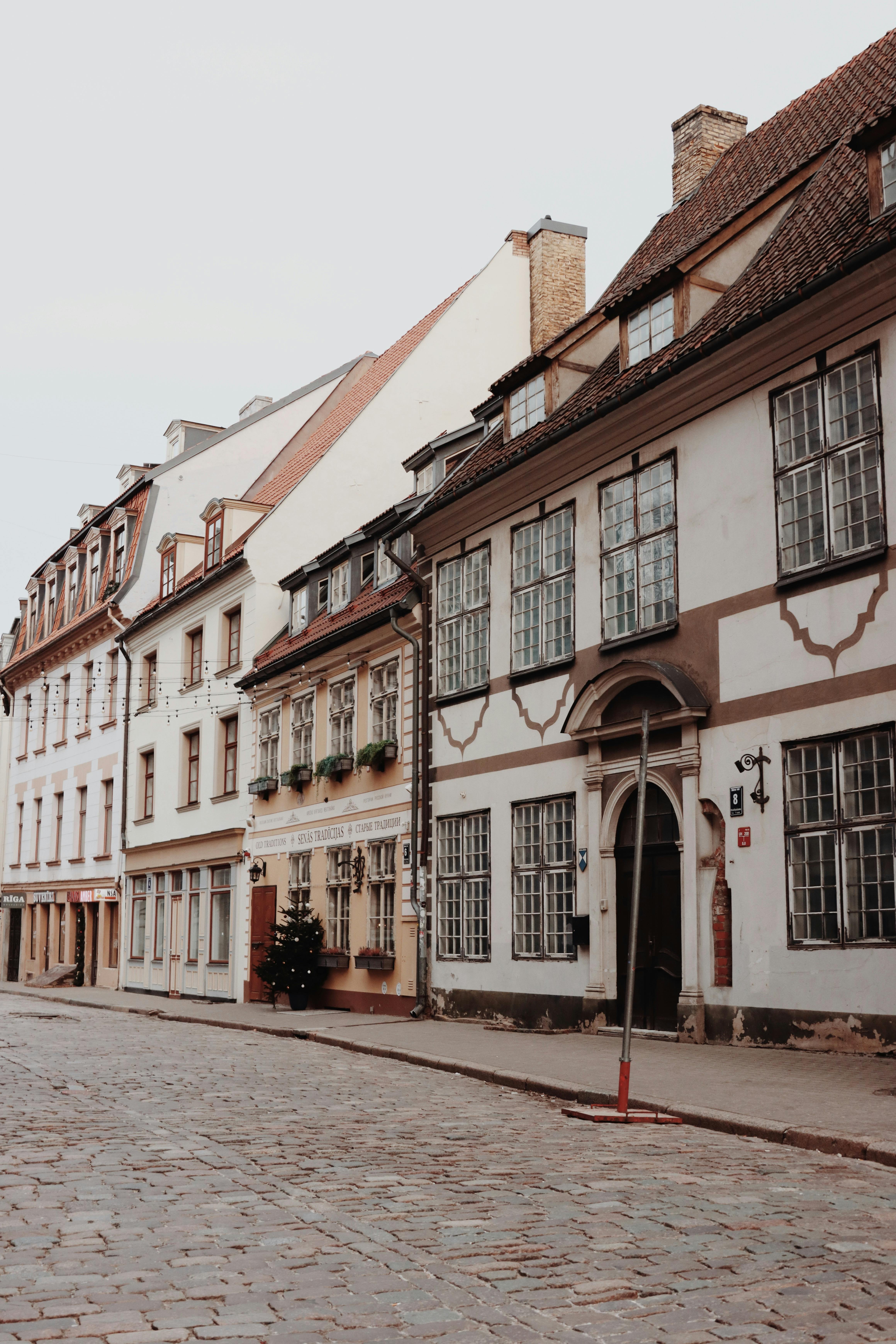 Scenic street view of historic architecture in Old Town Riga, Latvia.