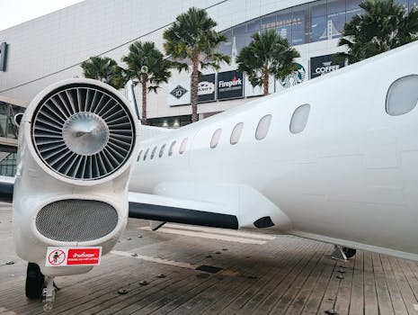 Private jet parked at a modern airport terminal with palm trees and shopping signs visible.