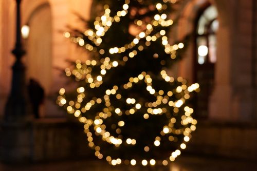 Free A beautifully blurred Christmas tree adorned with warm glowing lights captures the festive urban night. Stock Photo