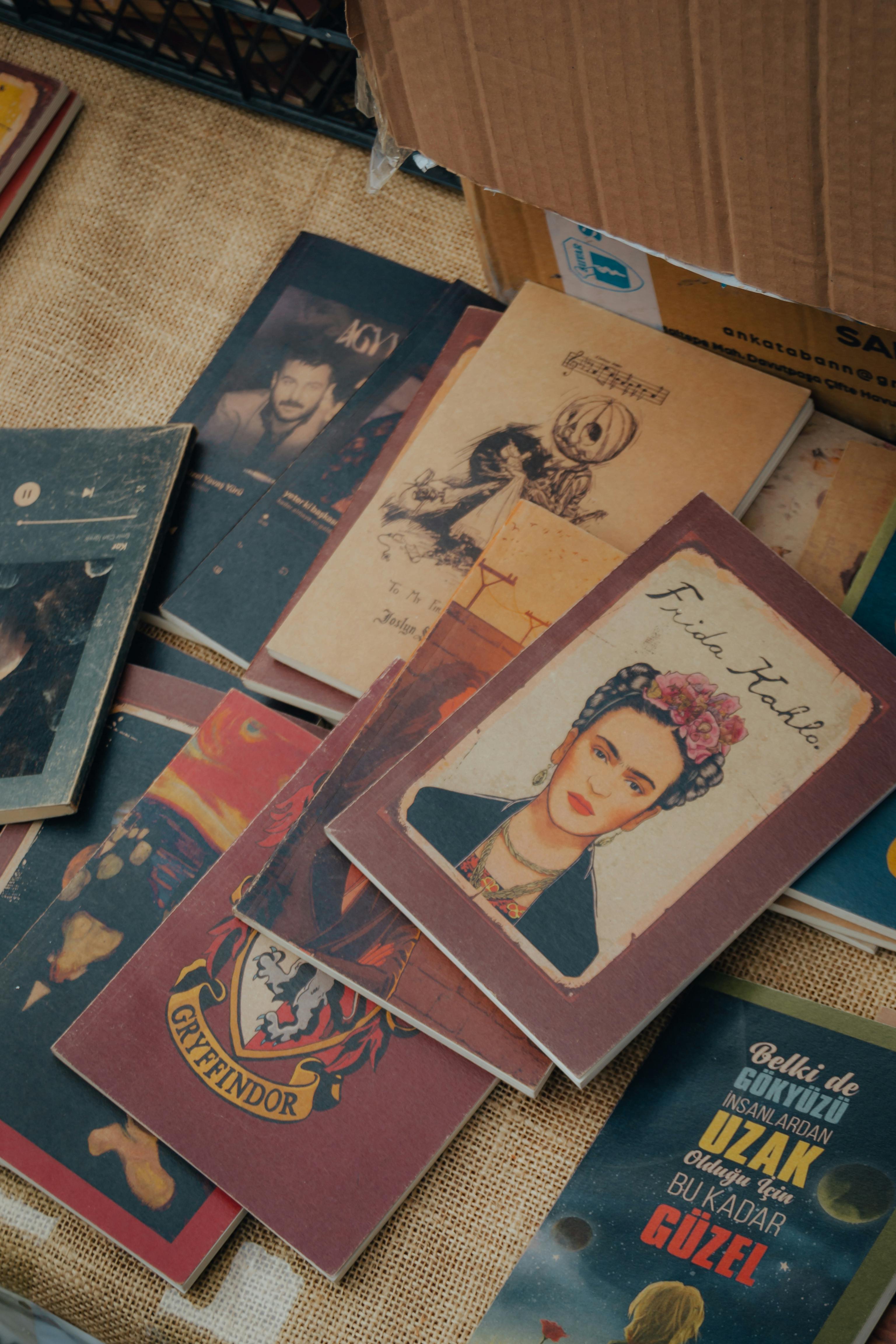 A collection of vintage books displayed, including a Frida Kahlo cover.