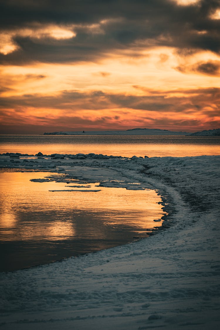 Sea Coast In Winter At Sunset