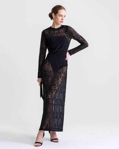 Long-sleeve lace midi dress, elegant evening look