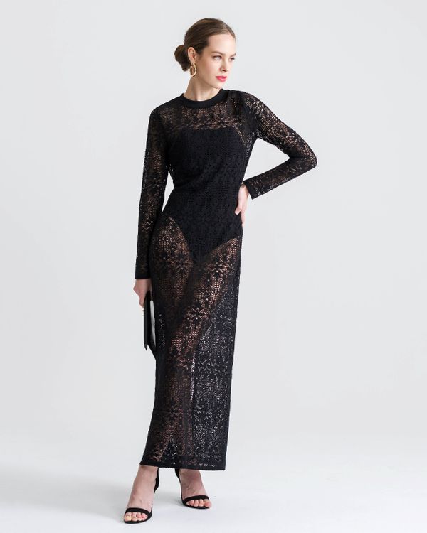 Black lace sheath dress with velvet shawl