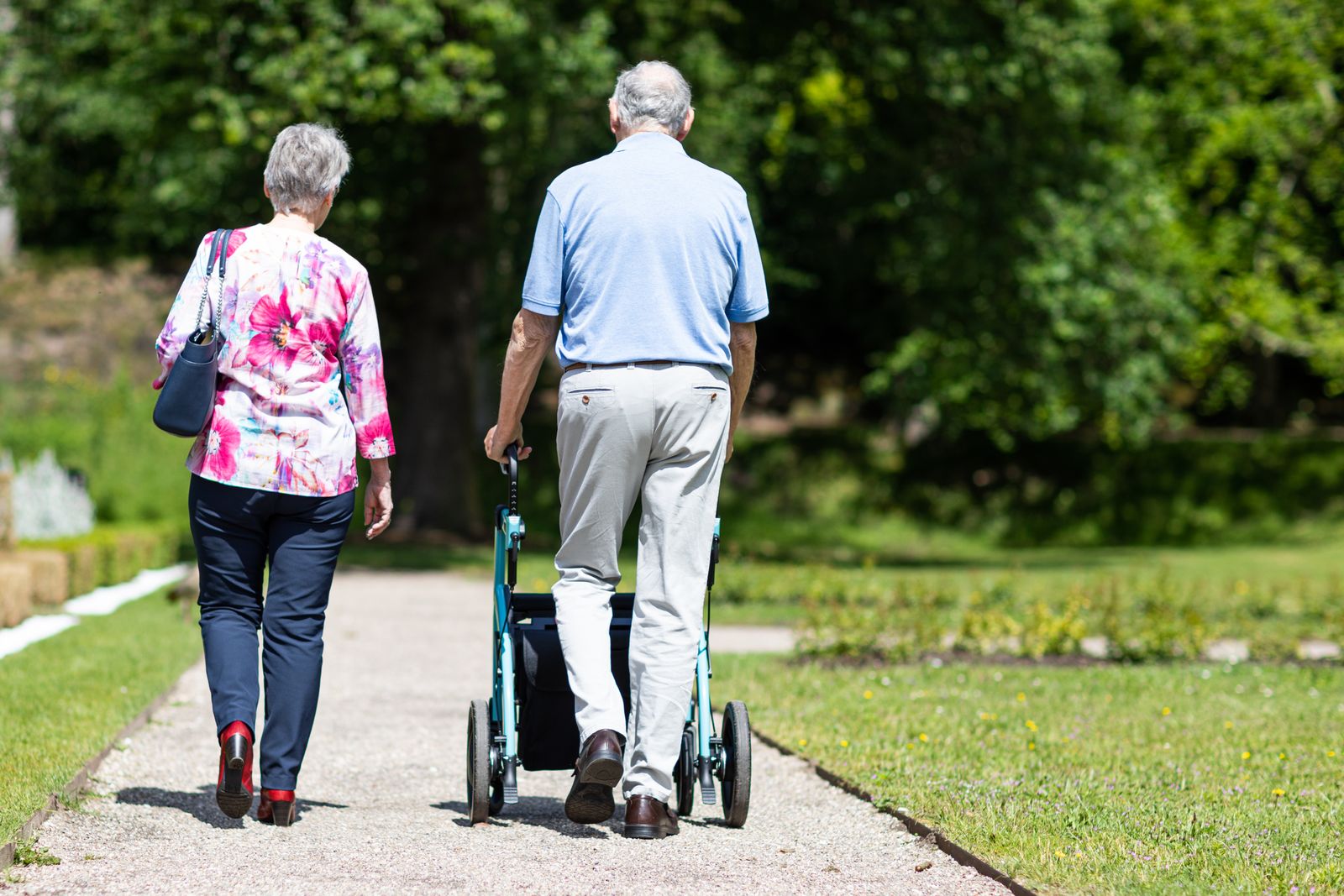 Two adults walking together on a leafy park path