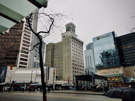 Urban street view in downtown Vancouver showcasing iconic architecture and city life.