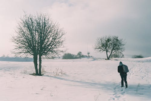 Man Walking with Backpack in Snow in Countryside