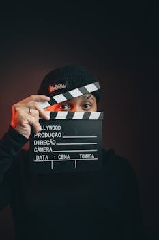 Portrait of a man holding a clapperboard with a dramatic dark background.