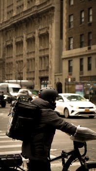 A food delivery cyclist in urban traffic with city buildings in the background.