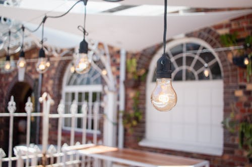 Close-up of Light Bulbs Hanging on a Patio 
