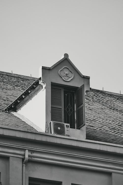 Windows on House Roof in Black and White