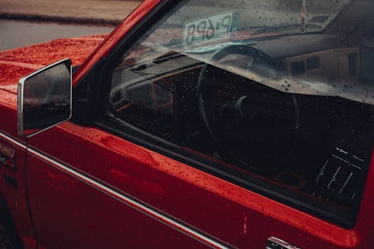 Close-up of a vintage red car's window covered with raindrops, evoking a nostalgic mood.